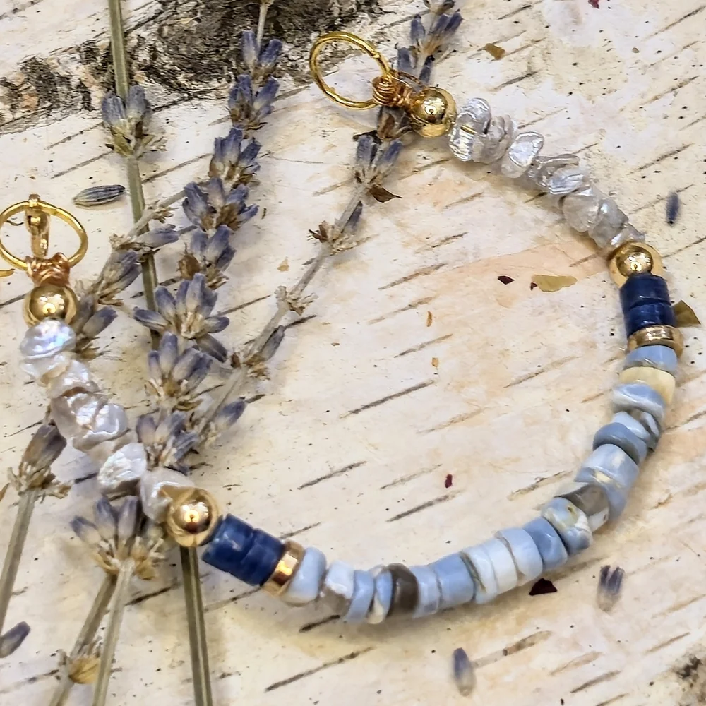 Nature's Blue Opal & Kyanite W/ Keshi Pearls In Statement Gold Plated Bracelet